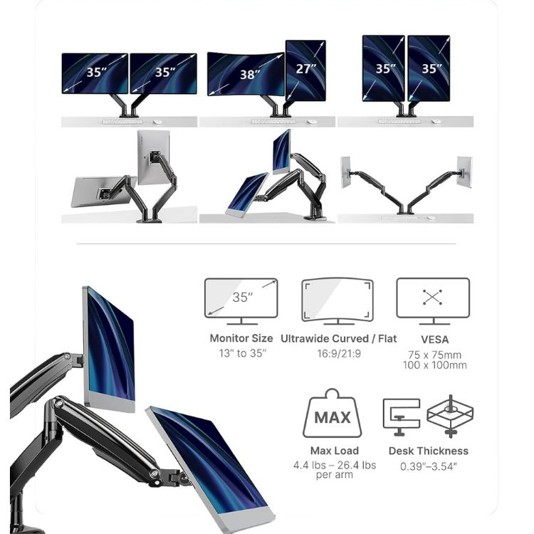 FLIP US Bras Support Double Écran PC Premium - 13" à 35" Guadeloupe