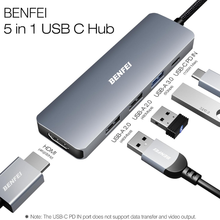 BENFEI HUB USB-C 5-EN-1 AVEC HDMI 4K, ALIMENTATION 100W, 3 PORTS USB-A