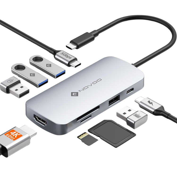 NOVOO HUB USB-C 9-EN-1 AVEC HDMI 4K60Hz, 5 PORTS USB POUR MacBook
