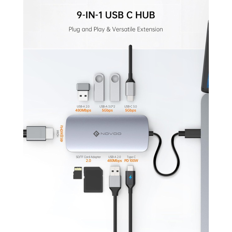 NOVOO HUB USB-C 9-EN-1 AVEC HDMI 4K60Hz, 5 PORTS USB POUR MacBook