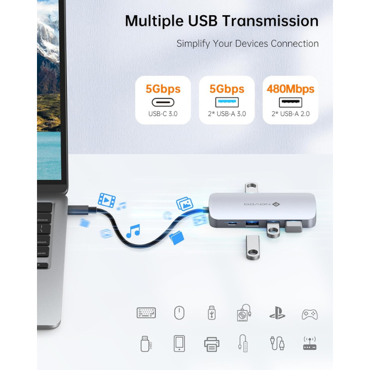 NOVOO HUB USB-C 9-EN-1 AVEC HDMI 4K60Hz, 5 PORTS USB POUR MacBook