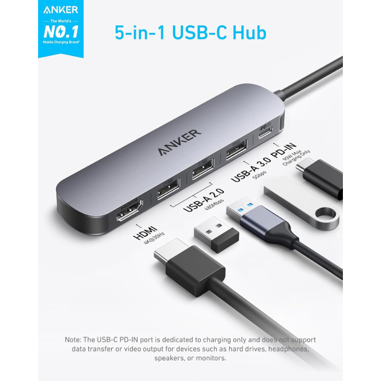 Anker Hub 5-En-1 Usb-C Hdmi 4K Pour Macbook, Ordi Et Tablettes