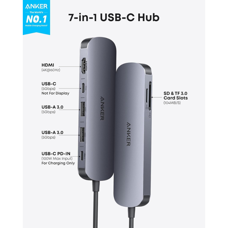 Anker Hub 7-En-1 Usb-C Hdmi 4K Pour Macbook, Ordi Et Tablettes